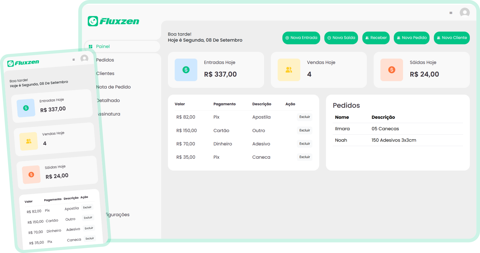 Painel de controle do Fluxzen exibindo o fluxo de caixa